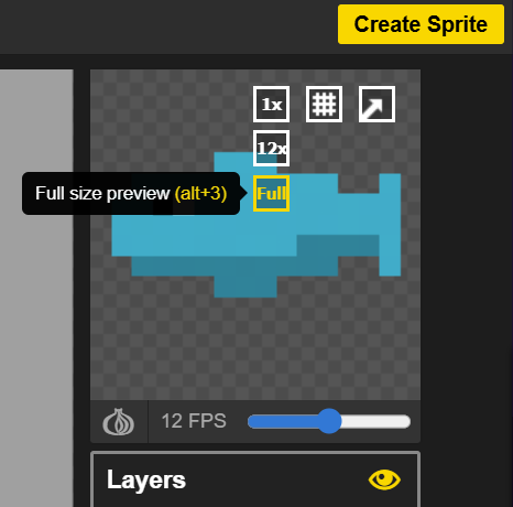 Animation preview panel with the full sized preview button highlighted
